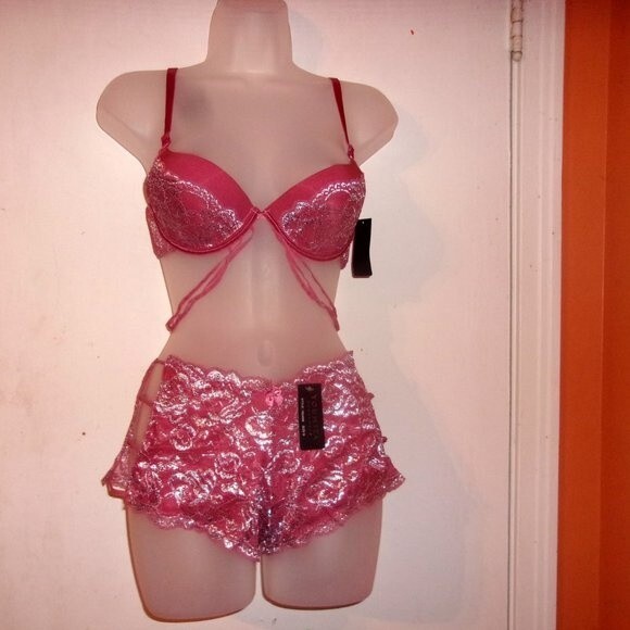 Youmita Mauvewood Metallic Lace Plunge 36C Bra and Medium Lace Boyshorts - Picture 2 of 13